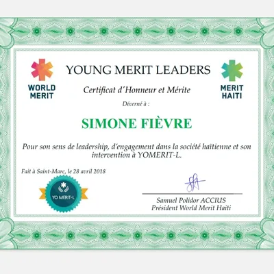 Certificat Young Merit Leaders de Simone Fièvre